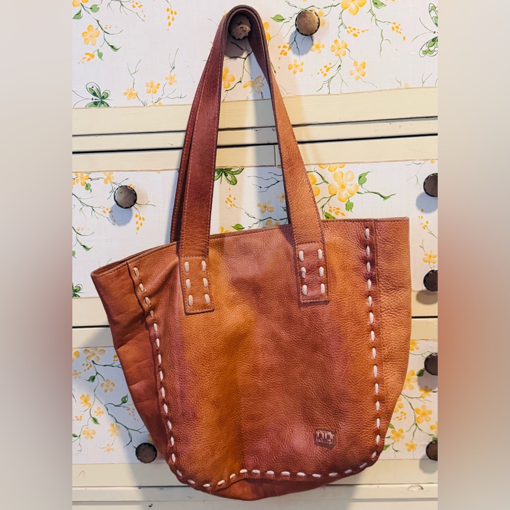 Bed Stu Cognac Brown Leather Tote with Contrast Whipstitch